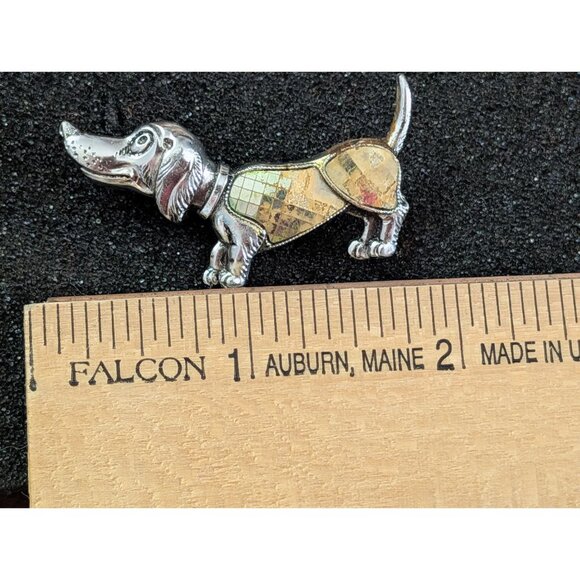 Vintage Dachshund Pin Brooch With Mosaic Inlay Design Made In Germany - Picture 5 of 5